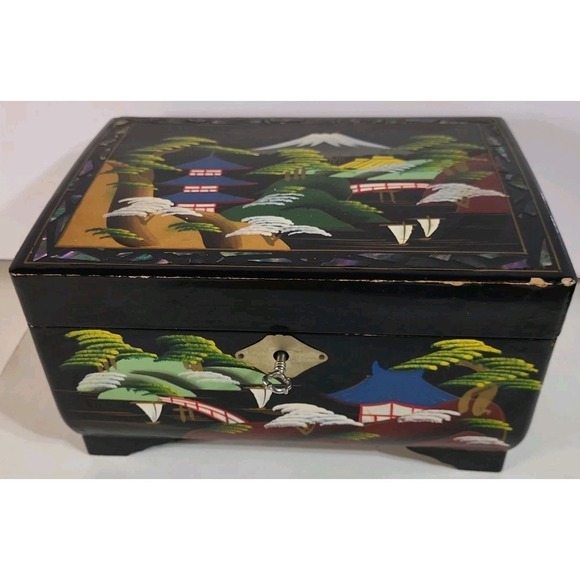 Other - Vintage Crestline Japan Music Jewelry Box Black Lacquered Painted Mirror Locking